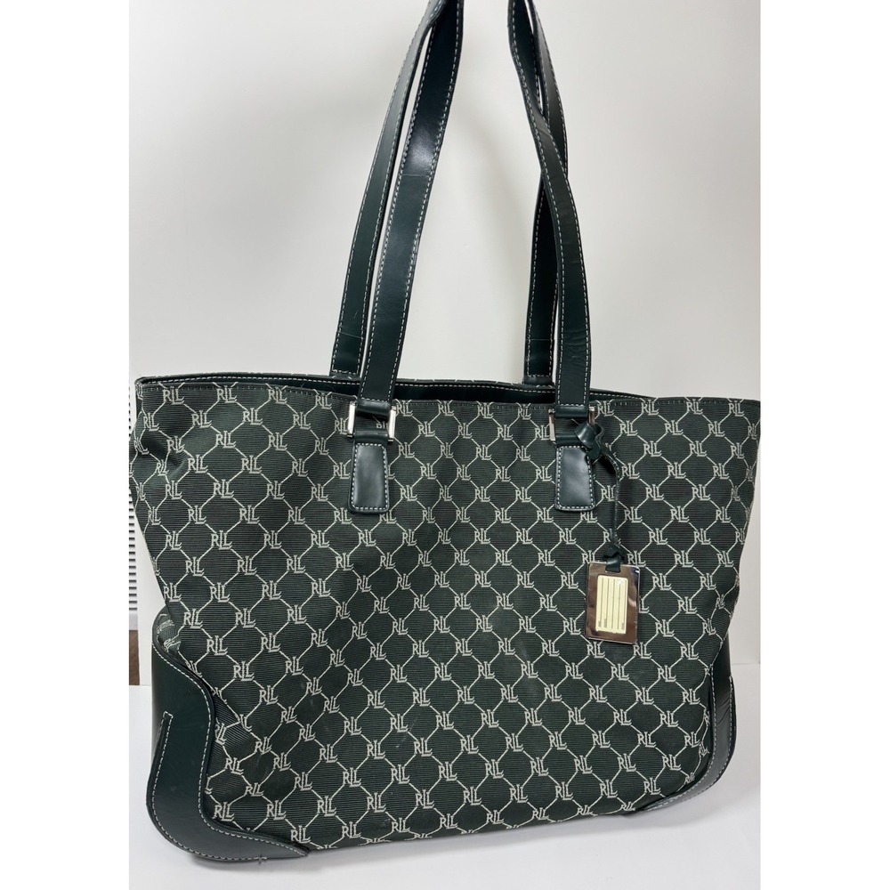Ralph Lauren Large Green Travel Footed Tote Logo Signature Print‎ Leather Canvas